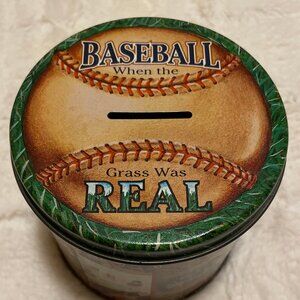 Vintage-style tin baseball coin bank